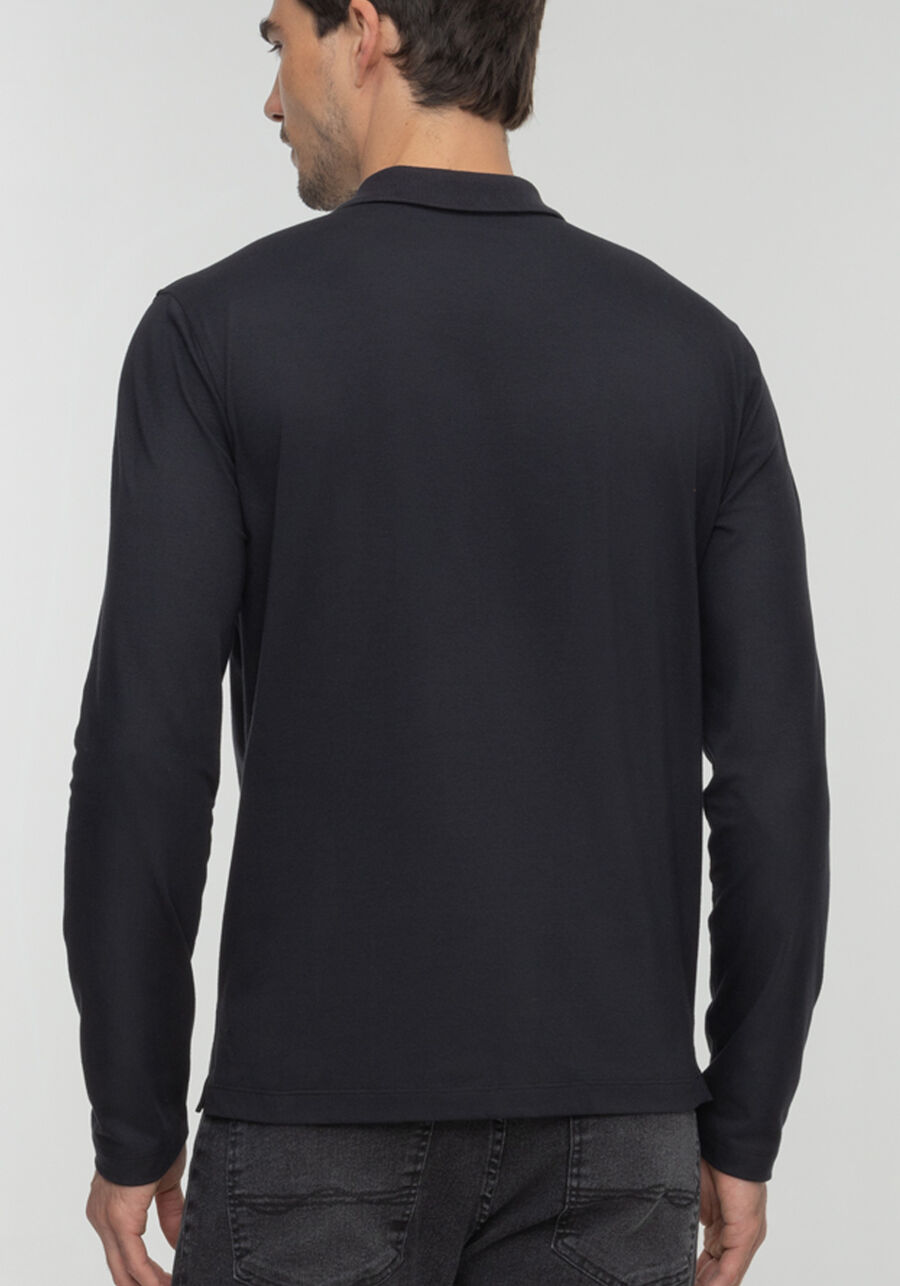 Camisa Polo Com Botões E Mangas Longas Em Malha De Algodão, PRETO. Camisa Polo Com Botões E Mangas Longas Em Malha De Algodão, PRETO, large.
