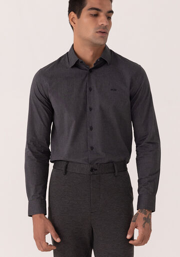 Camisa De Mangas Longas Em Tecido Plano De Algodão, PRETO. Camisa De Mangas Longas Em Tecido Plano De Algodão, PRETO, large.