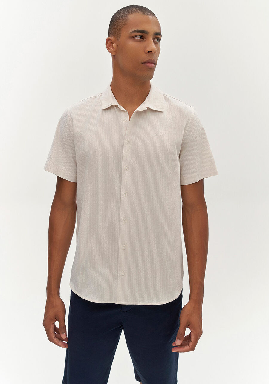 Camisa Masculina Slim Fit com Manga Curta, BEGE SYSTEM. Camisa Masculina Slim Fit com Manga Curta, BEGE SYSTEM, large.
