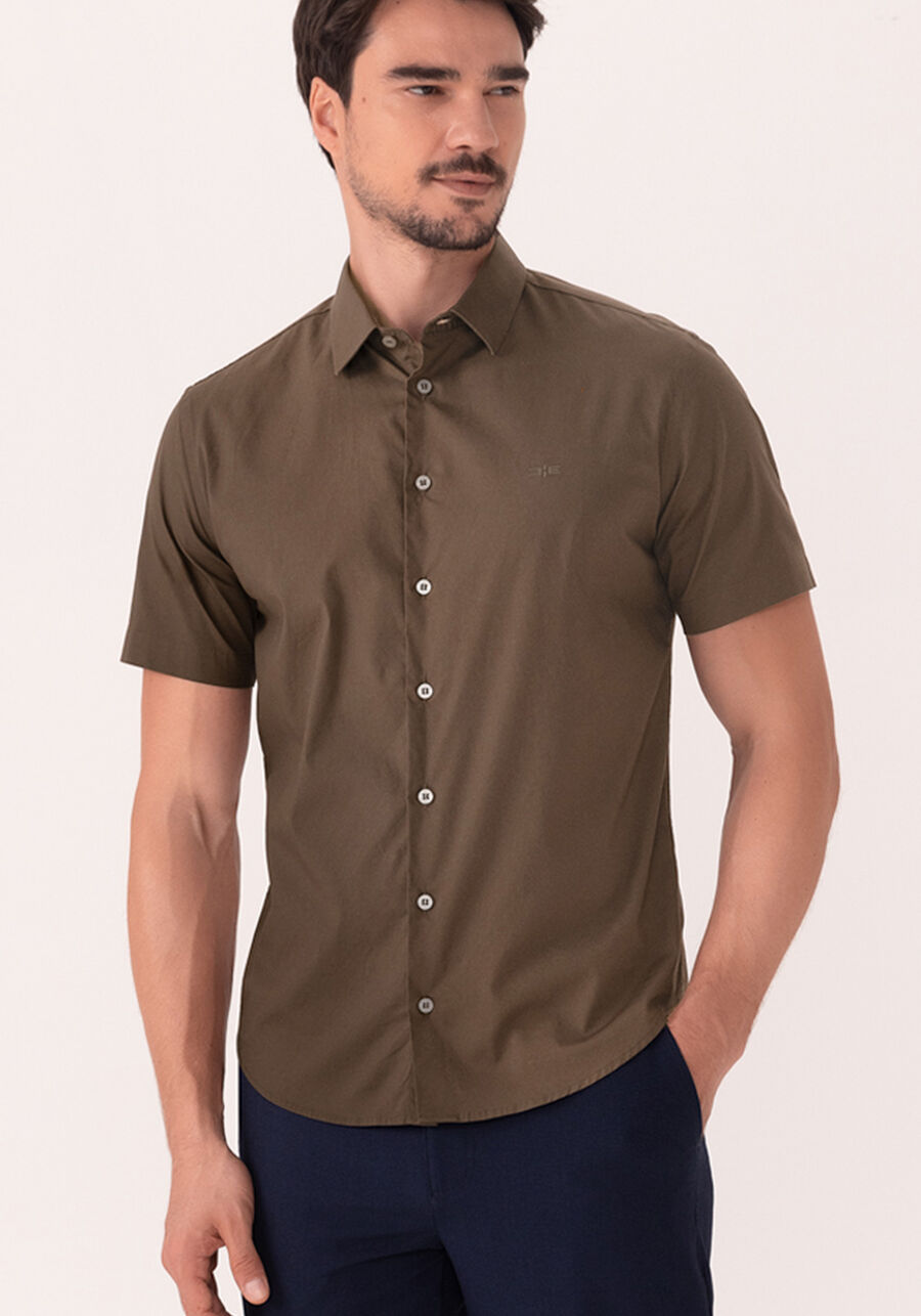 Camisa De Mangas Curtas Slim Fit Em Algodão Mercerizado, MARROM COASTAL. Camisa De Mangas Curtas Slim Fit Em Algodão Mercerizado, MARROM COASTAL, large.