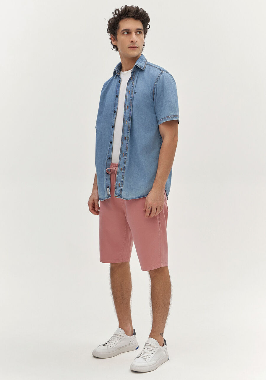 Bermuda Jogging Com Bolsos Em Sarja Denim Malha, ROSA FAIRY. Bermuda Jogging Com Bolsos Em Sarja Denim Malha, ROSA FAIRY, large.