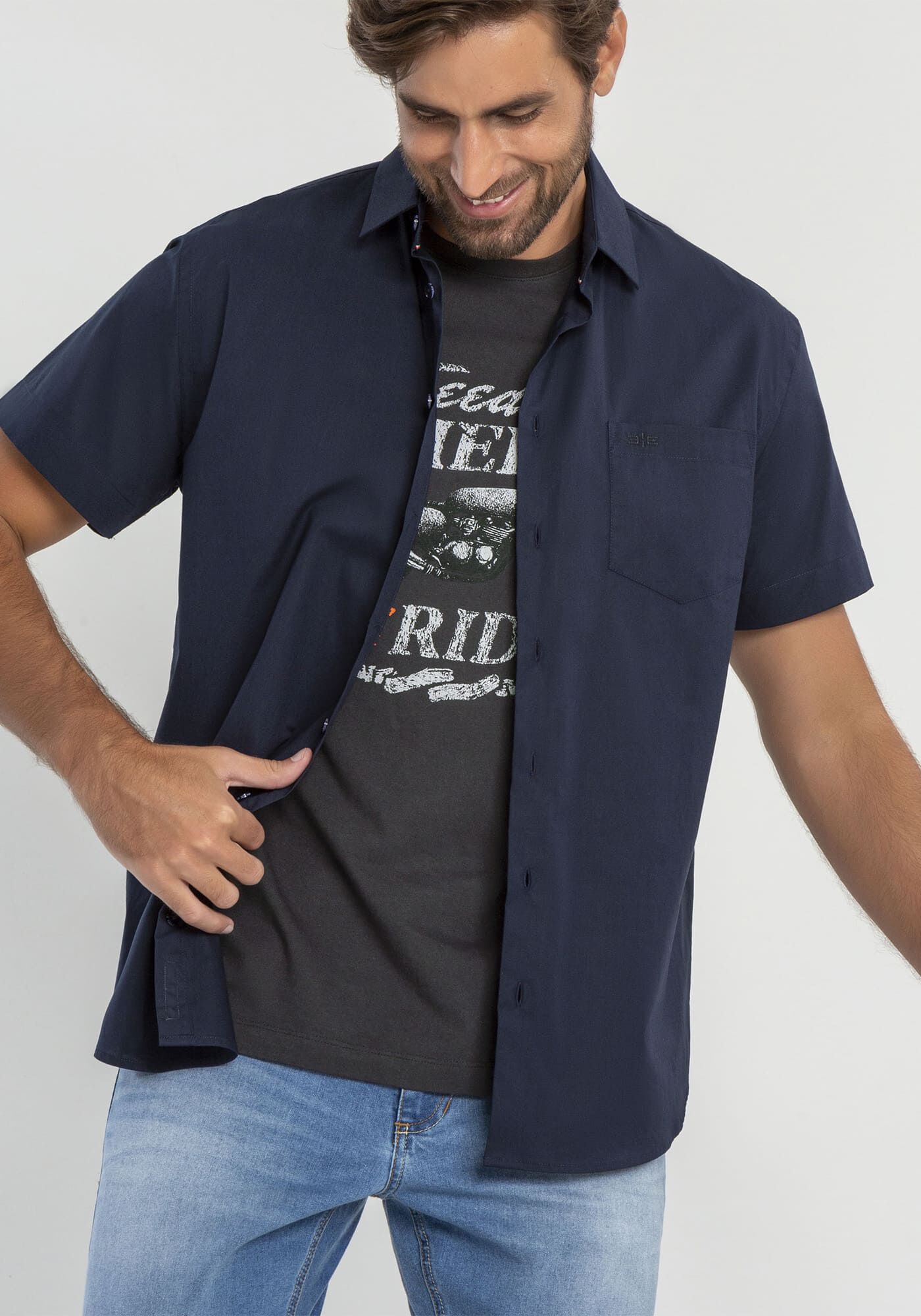 Camisa Comfort De Mangas Curtas Com Bolso Funcional Bordado, MARINHO ACTION, large.