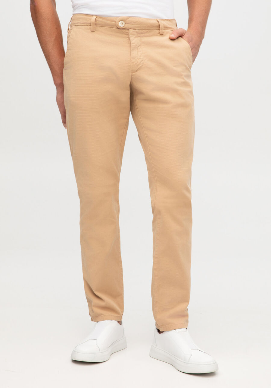 Calça Sarja Masculina Slim com Detalhe Botão, BEGE TIGER. Calça Sarja Masculina Slim com Detalhe Botão, BEGE TIGER, large.