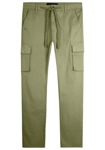 Calça Jogging Masculina Com Bolsos Cargo Em Sarja E Elastano, VERDE CORAL. Calça Jogging Masculina Com Bolsos Cargo Em Sarja E Elastano, VERDE CORAL, large.