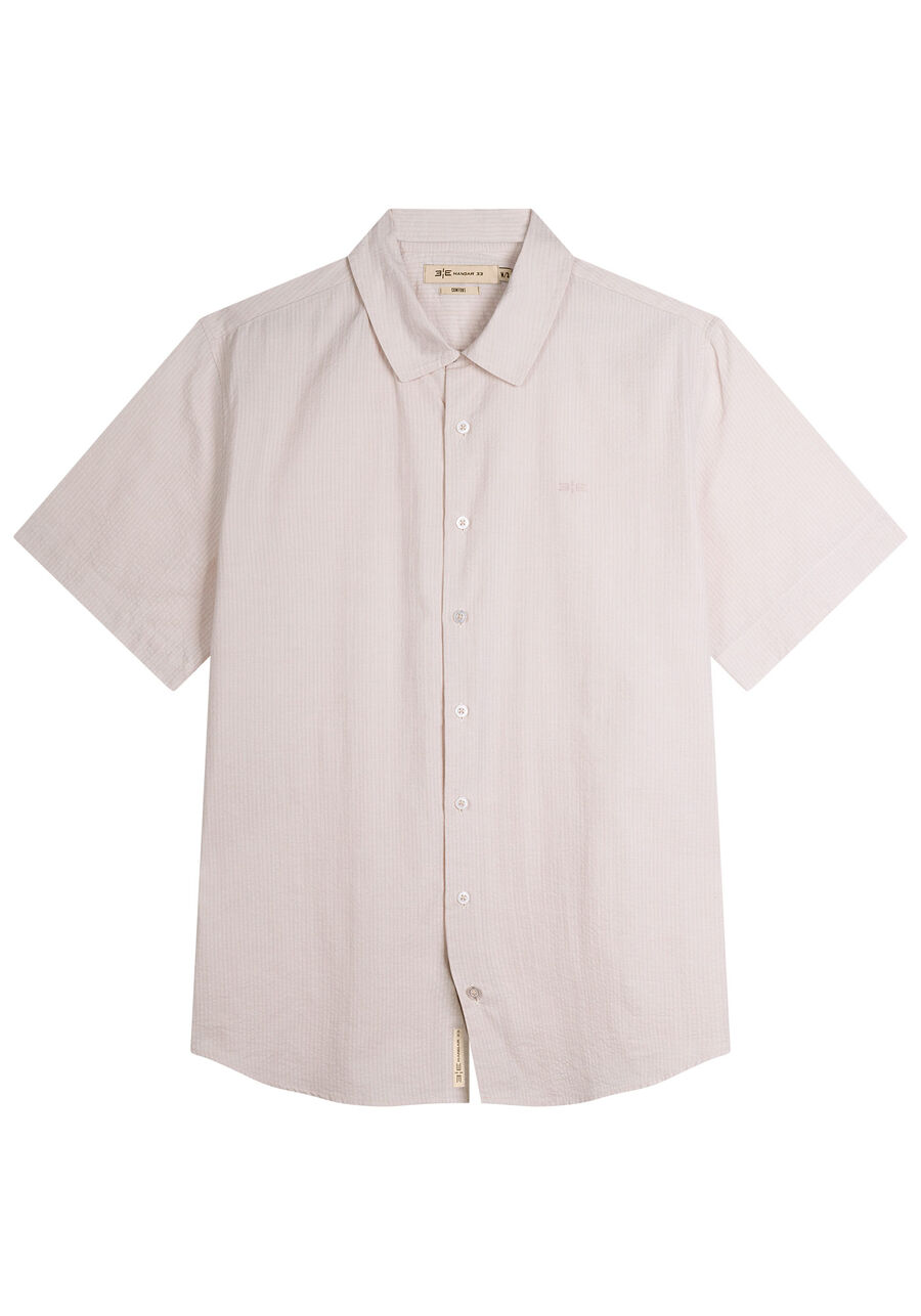 Camisa Masculina Slim Fit com Manga Curta, BEGE SYSTEM. Camisa Masculina Slim Fit com Manga Curta, BEGE SYSTEM, large.