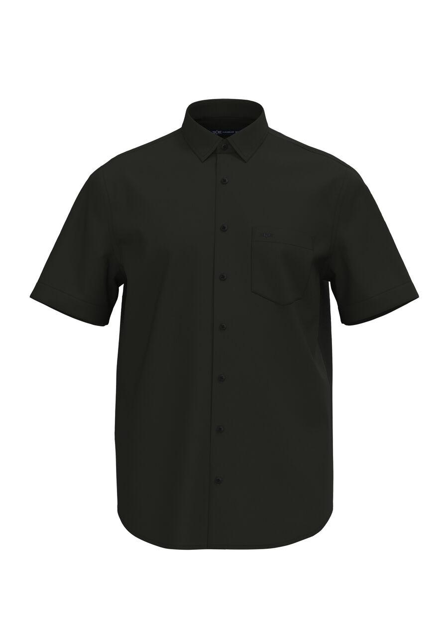 Camisa Comfort De Mangas Curtas Com Bolso Funcional Bordado, PRETO REATIVO. Camisa Comfort De Mangas Curtas Com Bolso Funcional Bordado, PRETO REATIVO, large.