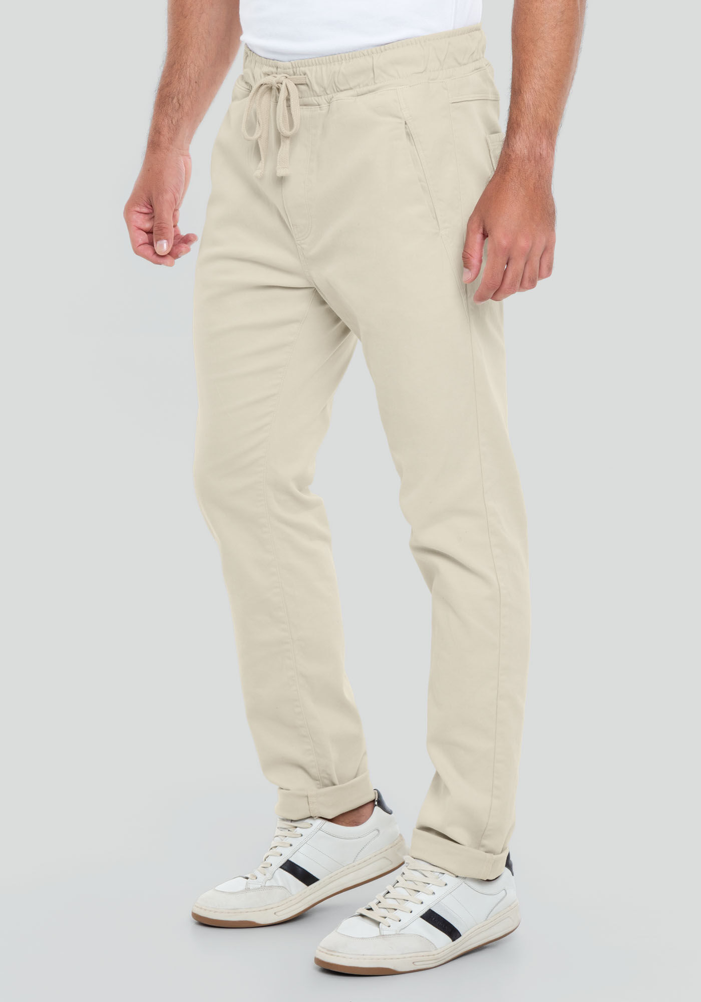 Cal&ccedil;a Jogging Com Bolsos Em Sarja Denim Malha, BEGE SYSTEM, large.