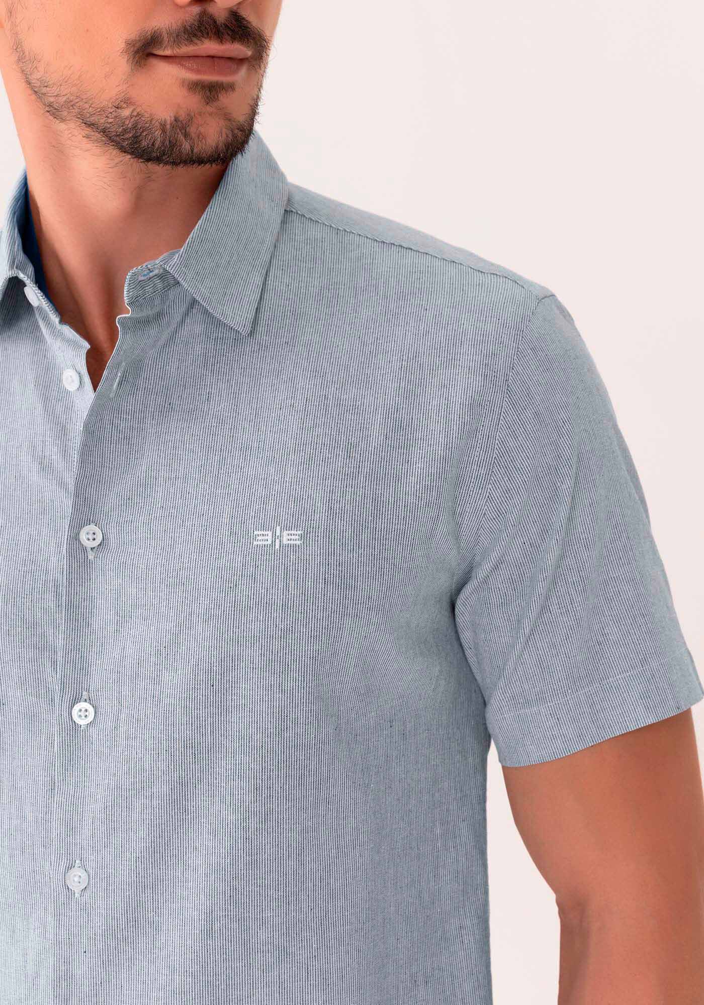 Camisa De Mangas Curtas Slim Fit Em Tecido Com Linho, MARINHO IMPERIO, large.