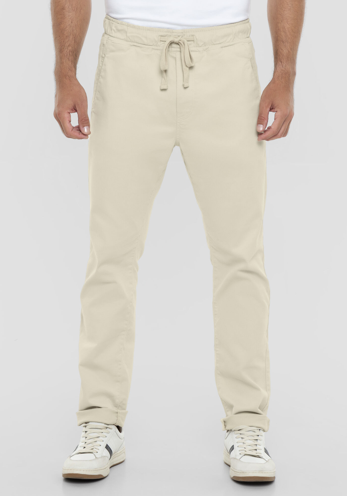 Cal&ccedil;a Jogging Com Bolsos Em Sarja Denim Malha, BEGE SYSTEM, large.