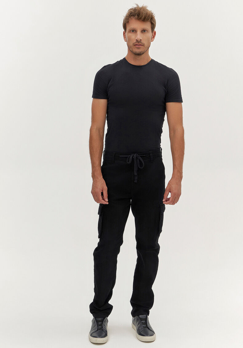 Cal&ccedil;a Jogging Masculina Com Bolsos Cargo Em Sarja E Elastano, PRETO REATIVO, large.