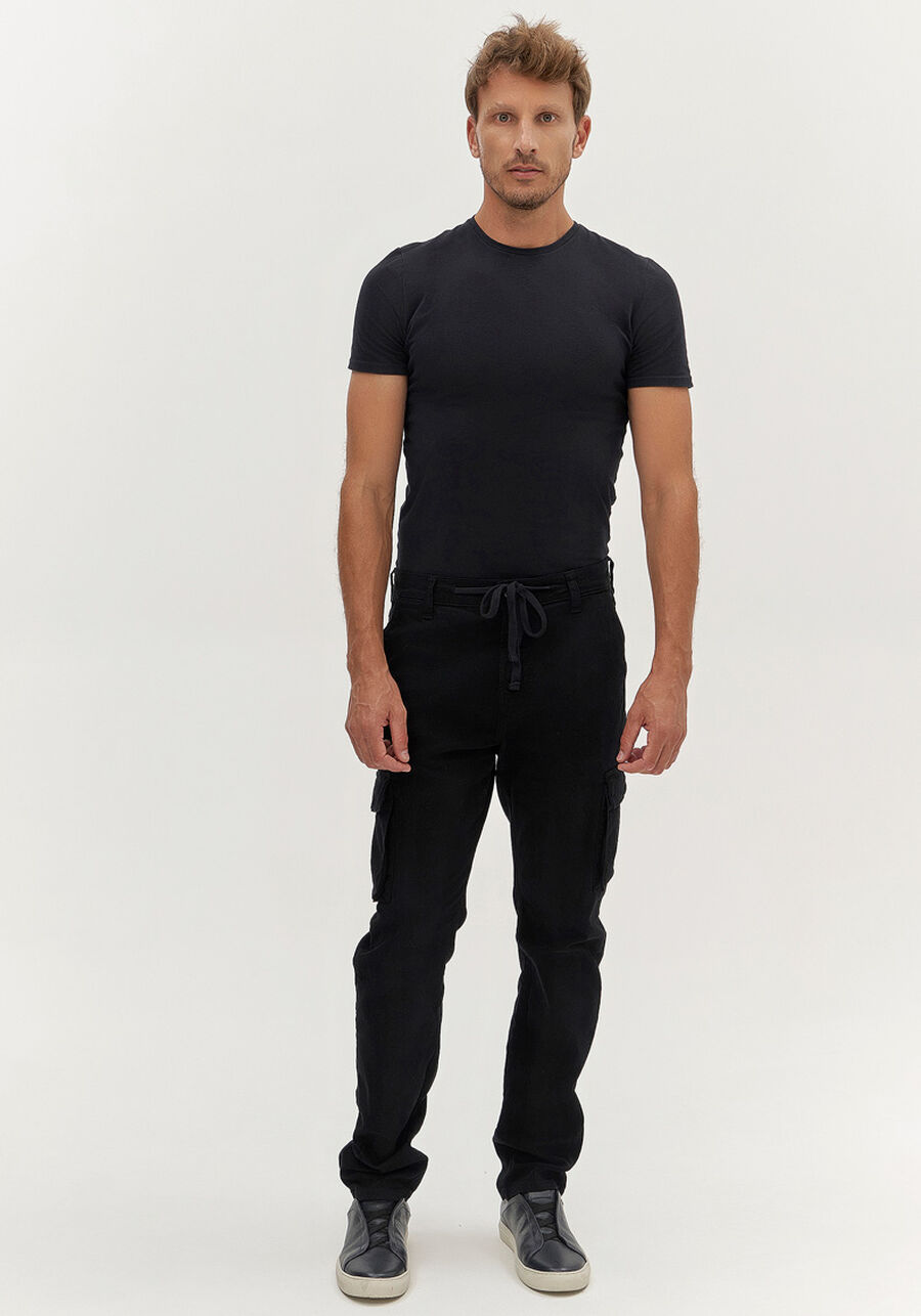Calça Jogging Masculina Com Bolsos Cargo Em Sarja E Elastano, PRETO REATIVO. Calça Jogging Masculina Com Bolsos Cargo Em Sarja E Elastano, PRETO REATIVO, large.