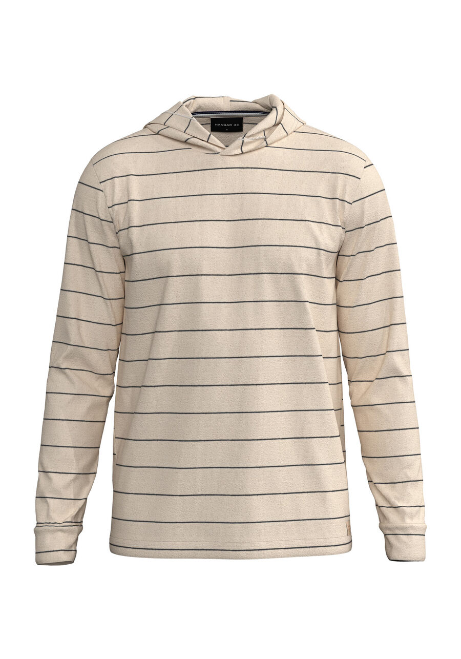 Blusão De Mangas Longas Com Capuz Em Malha Listrada, BRANCO OFF WHITE. Blusão De Mangas Longas Com Capuz Em Malha Listrada, BRANCO OFF WHITE, large.