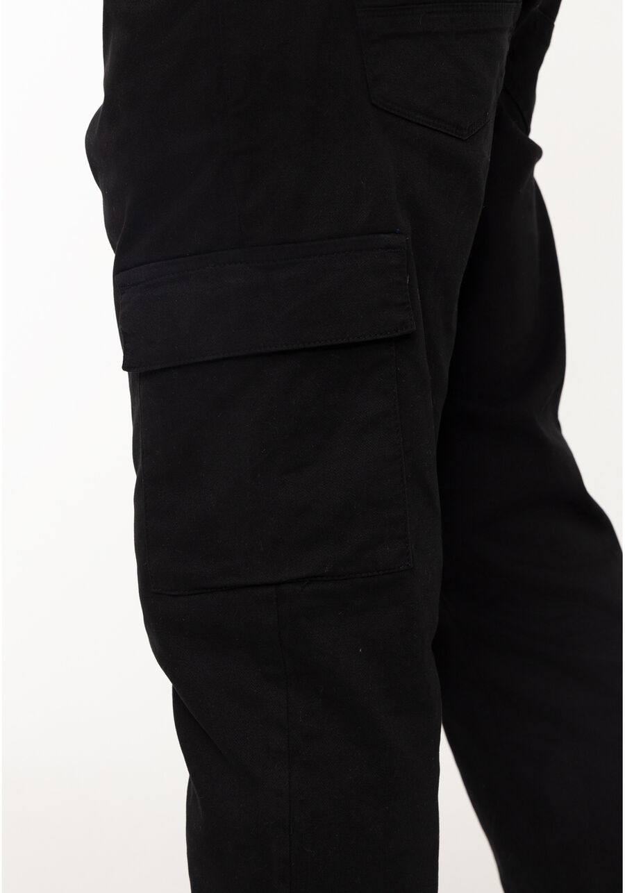 Calça Jogging Com Bolso Cargo Em Sarja Denim Malha, PRETO. Calça Jogging Com Bolso Cargo Em Sarja Denim Malha, PRETO, large.