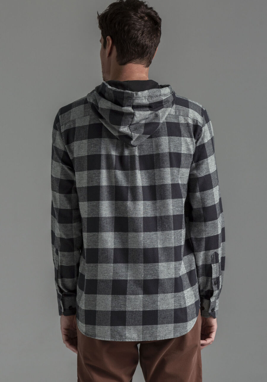 Camisa Masculina Comfort em Flanela com Capuz, CINZA NOTI. Camisa Masculina Comfort em Flanela com Capuz, CINZA NOTI, large.