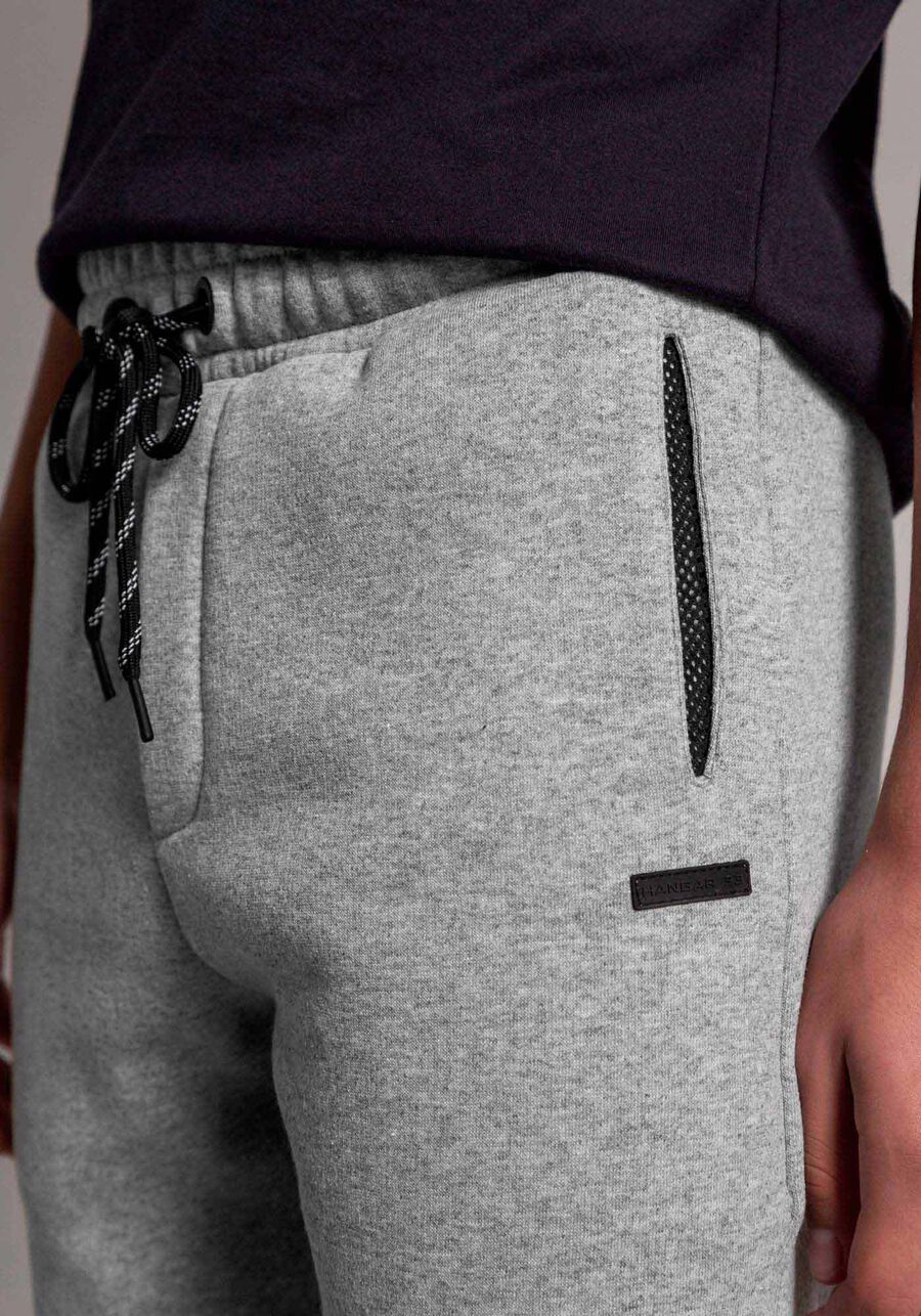Calça Jogger Juvenil em Moletom com Detalhe Tela, MESCLA MEDIO. Calça Jogger Juvenil em Moletom com Detalhe Tela, MESCLA MEDIO, large.