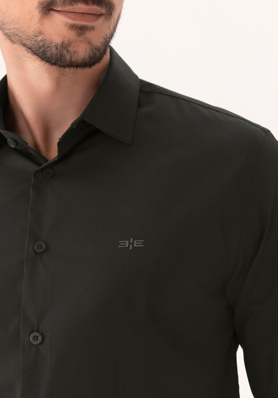 Camisa De Mangas Longas Slim Fit Em Tecido Mercerizado, PRETO. Camisa De Mangas Longas Slim Fit Em Tecido Mercerizado, PRETO, large.