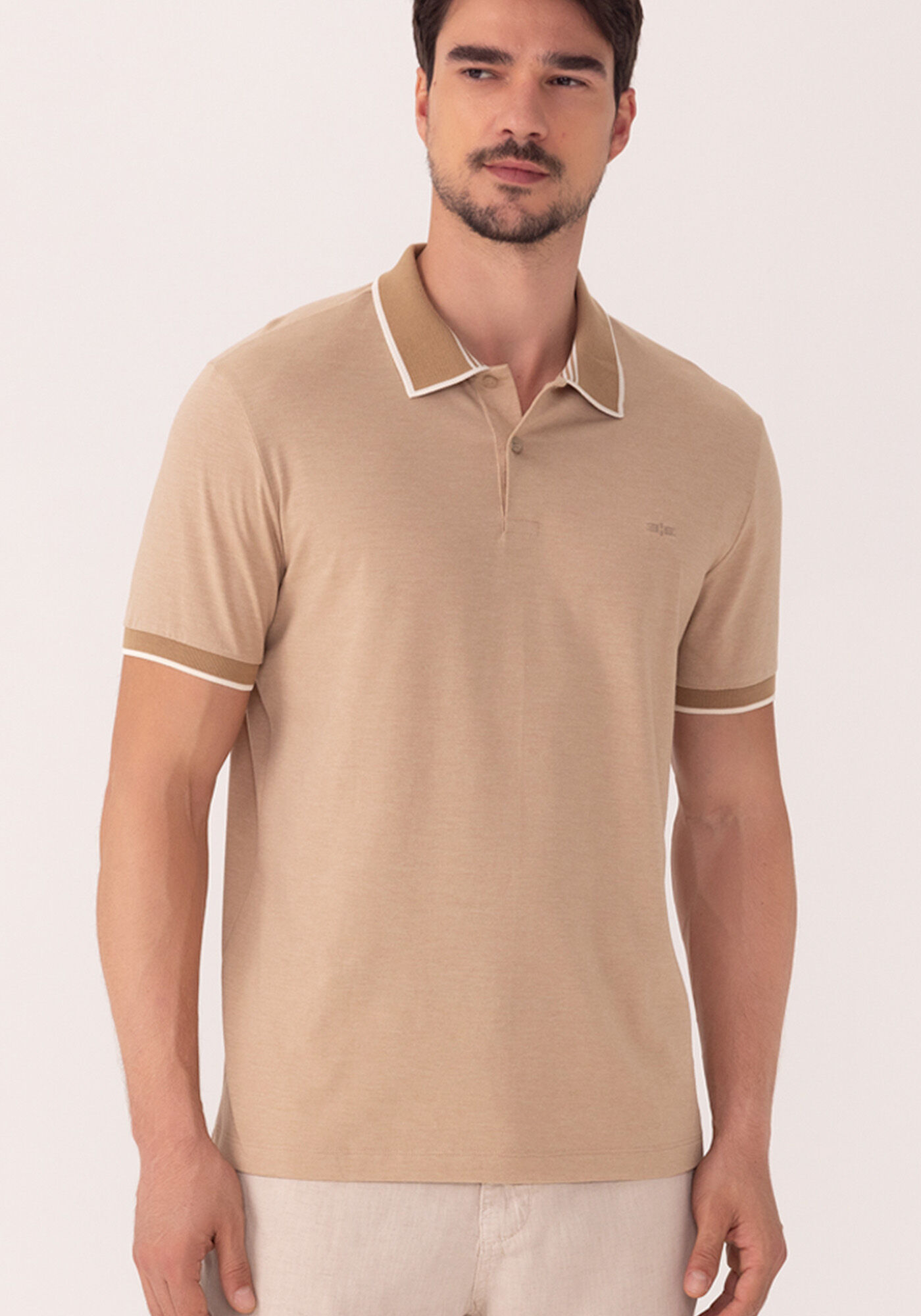 Camisa Polo De Mangas Curtas Em Malha Mesclada, BEGE MACCHIATO, large.