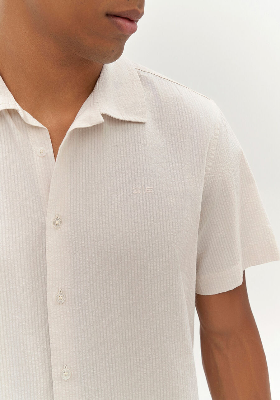 Camisa Masculina Slim Fit com Manga Curta, BEGE SYSTEM. Camisa Masculina Slim Fit com Manga Curta, BEGE SYSTEM, large.