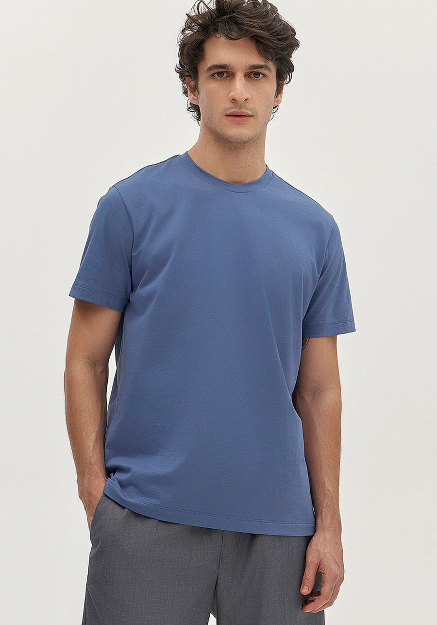 Camiseta De Mangas Curtas Em Malha De Algodão Pima, AZUL SEED. Camiseta De Mangas Curtas Em Malha De Algodão Pima, AZUL SEED, large.
