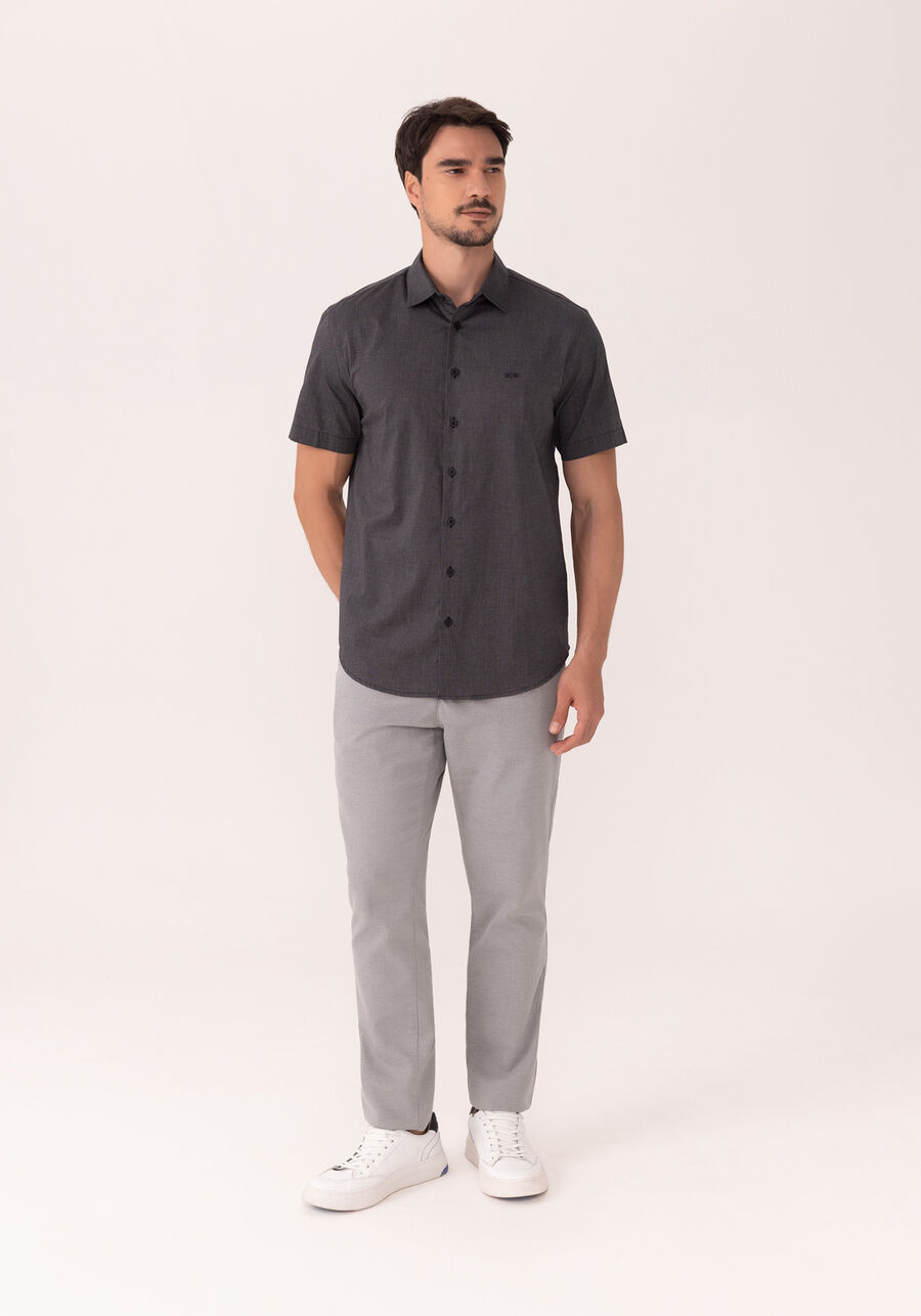 Camisa Comfort De Mangas Curtas Em Tecido De Algodão, PRETO. Camisa Comfort De Mangas Curtas Em Tecido De Algodão, PRETO, large.