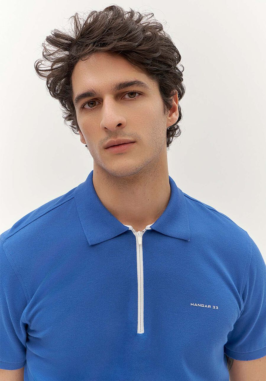 Camisa Polo Masculina em Malha Piquet com Zíper, AZUL OMEGA. Camisa Polo Masculina em Malha Piquet com Zíper, AZUL OMEGA, large.