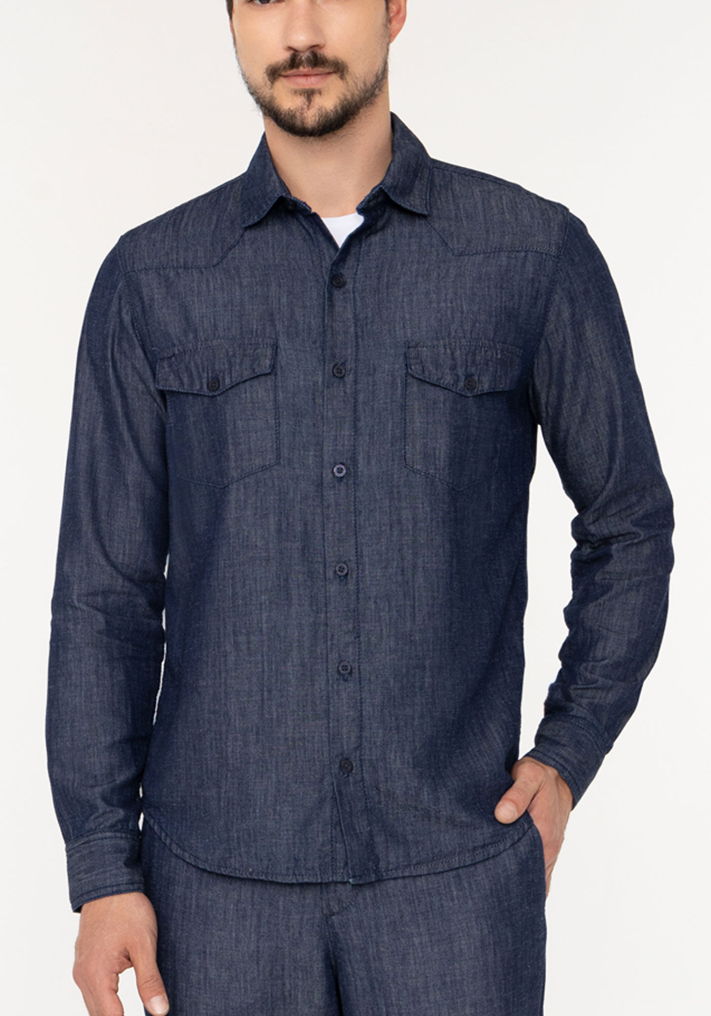 Camisa Jeans Com Bolsos De Mangas Longas, JEANS, large.