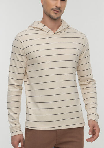 Blusão De Mangas Longas Com Capuz Em Malha Listrada, BRANCO OFF WHITE. Blusão De Mangas Longas Com Capuz Em Malha Listrada, BRANCO OFF WHITE, large.