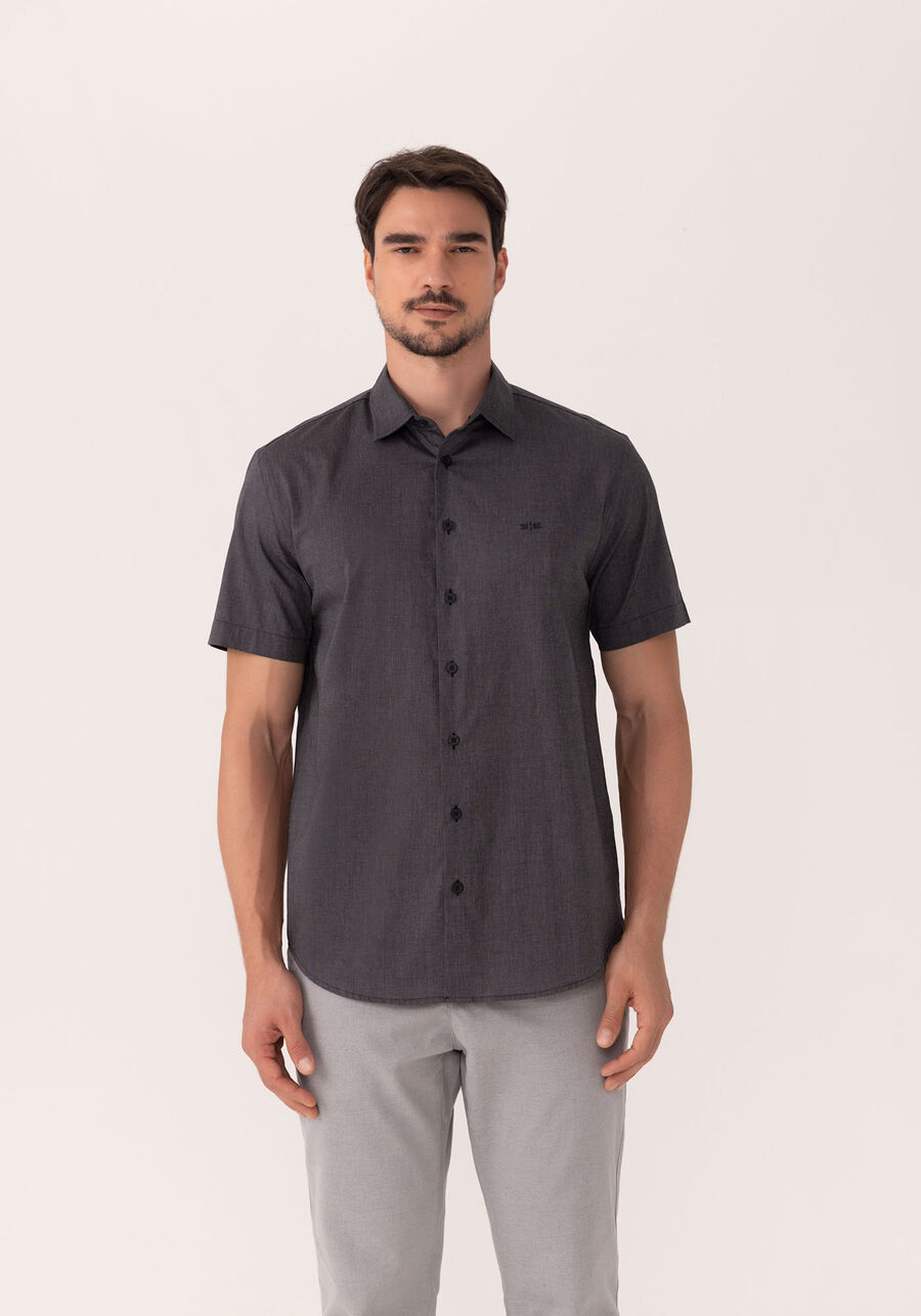 Camisa Comfort De Mangas Curtas Em Tecido De Algodão, PRETO. Camisa Comfort De Mangas Curtas Em Tecido De Algodão, PRETO, large.
