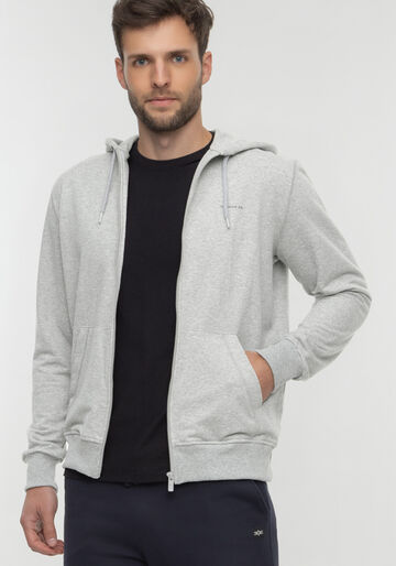 Jaqueta Com Capuz E Zíper Em Moletom Sem Felpa, MESCLA MEDIO. Jaqueta Com Capuz E Zíper Em Moletom Sem Felpa, MESCLA MEDIO, large.