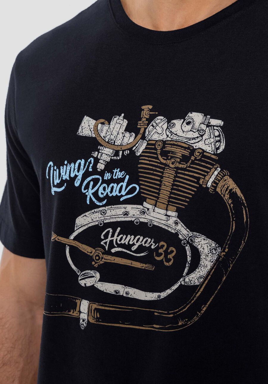 Camiseta Masculina em Meia Malha Estampada, PRETO REATIVO. Camiseta Masculina em Meia Malha Estampada, PRETO REATIVO, large.