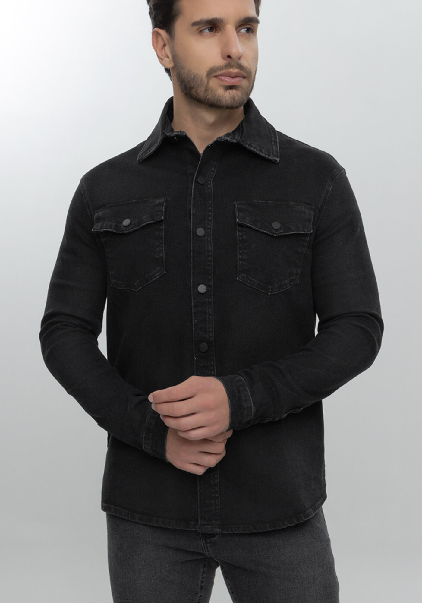 Camisa Jeans Com Elastano, PRETO, large.