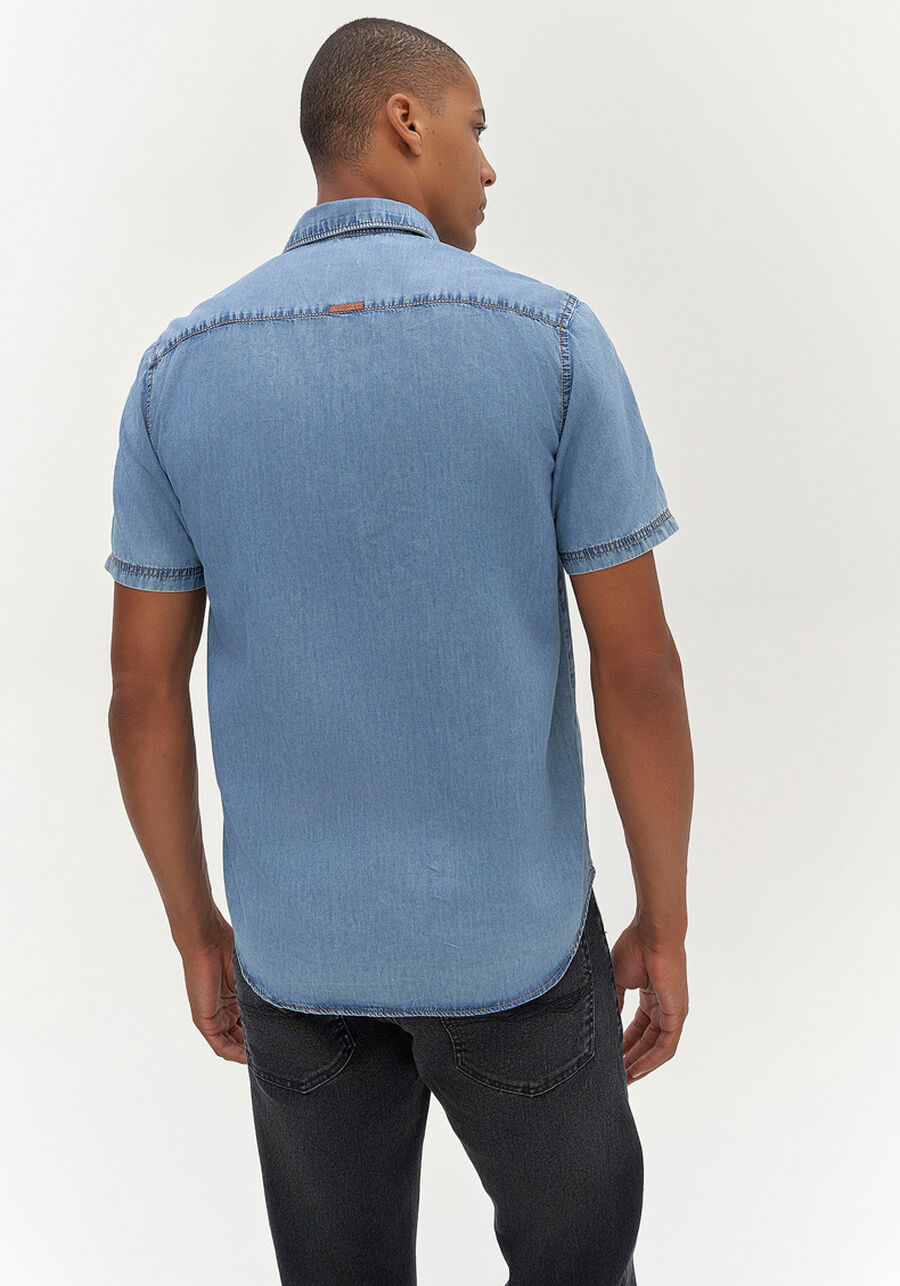 Camisa Jeans Masculina com Manga Curta, JEANS. Camisa Jeans Masculina com Manga Curta, JEANS, large.