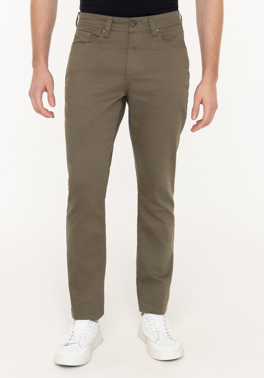 Calça Slim Turbofan Em Sarja Com Elastano, VERDE OLIVE TREE. Calça Slim Turbofan Em Sarja Com Elastano, VERDE OLIVE TREE, large.