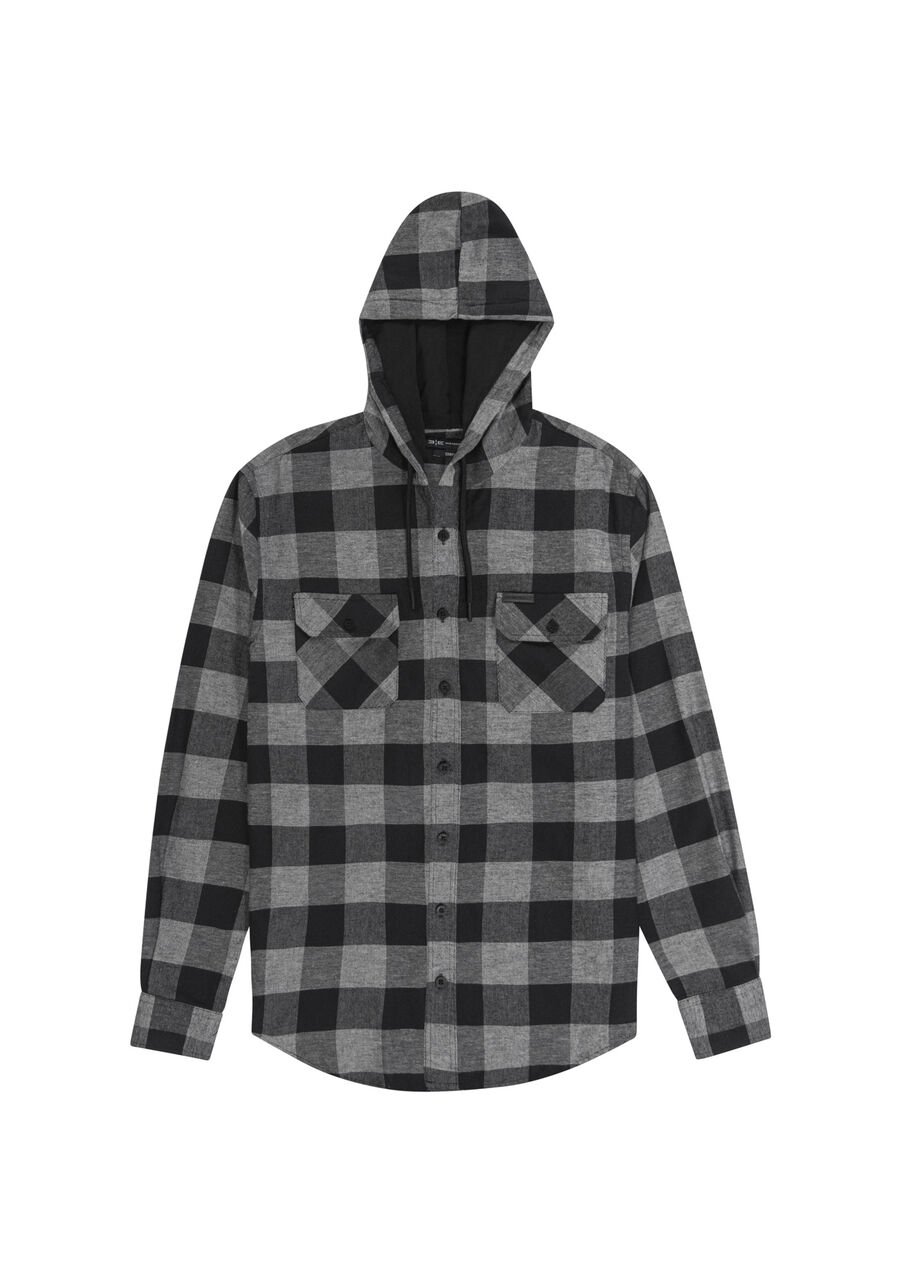 Camisa Masculina Comfort em Flanela com Capuz, CINZA NOTI. Camisa Masculina Comfort em Flanela com Capuz, CINZA NOTI, large.