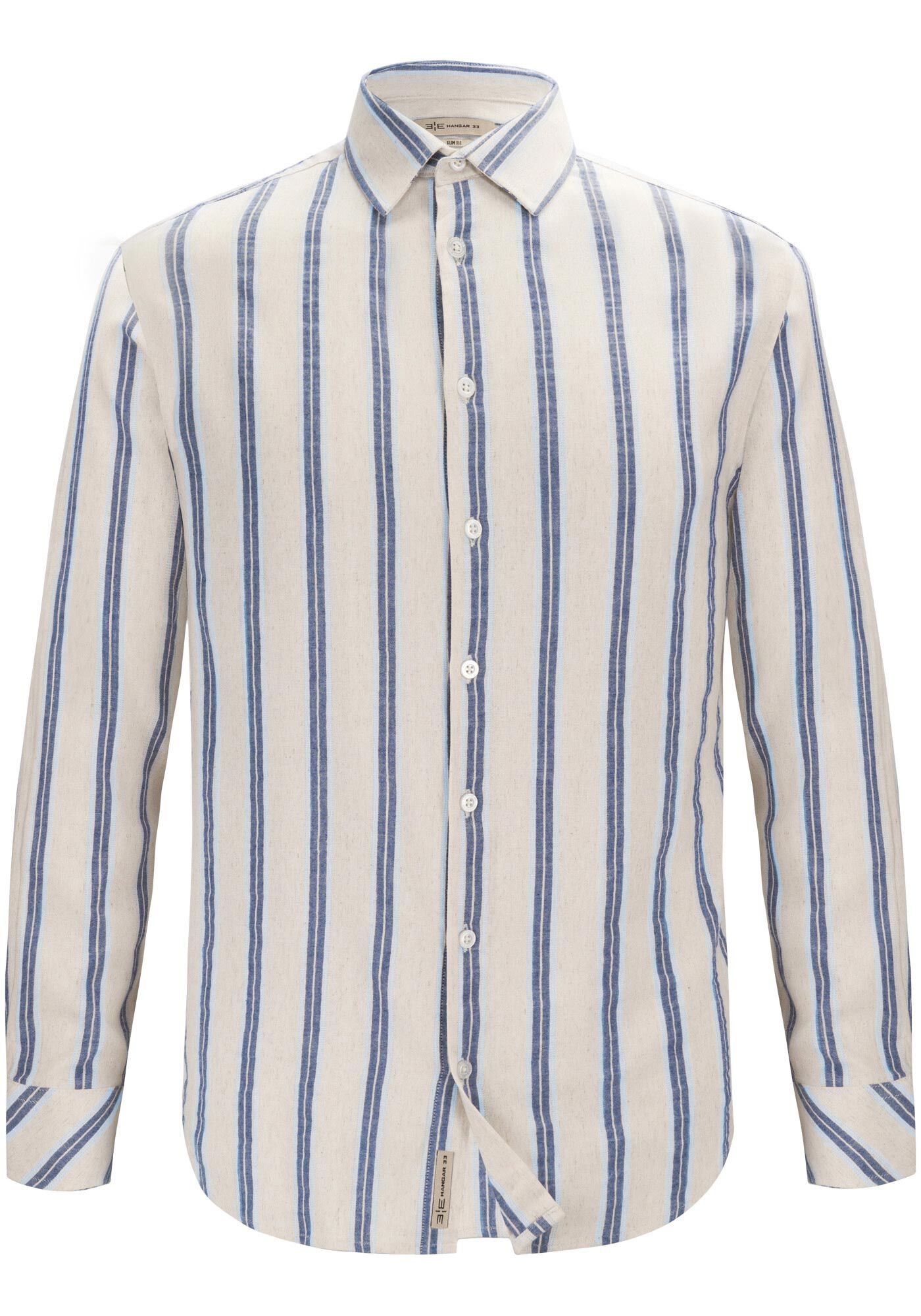 Camisa Masculina Slim Fit em Tecido Linen Listrada, BRANCO OFF WHITE, large.