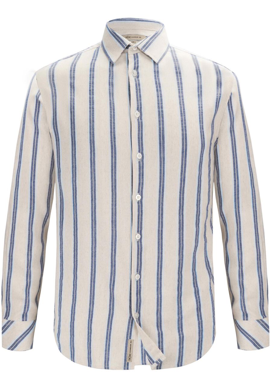 Camisa Masculina Slim Fit em Tecido Linen Listrada, BRANCO OFF WHITE. Camisa Masculina Slim Fit em Tecido Linen Listrada, BRANCO OFF WHITE, large.