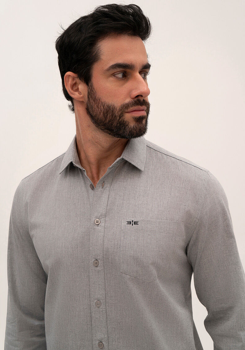 Camisa Masculina Comfort Cinza com Bolso, CINZA, large.