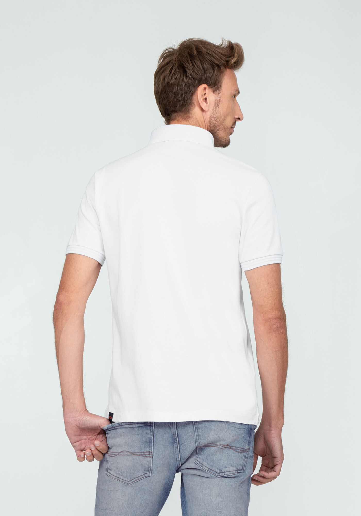 Camisa Polo Neutra em Malha com Retil&iacute;nea, BRANCO, large.