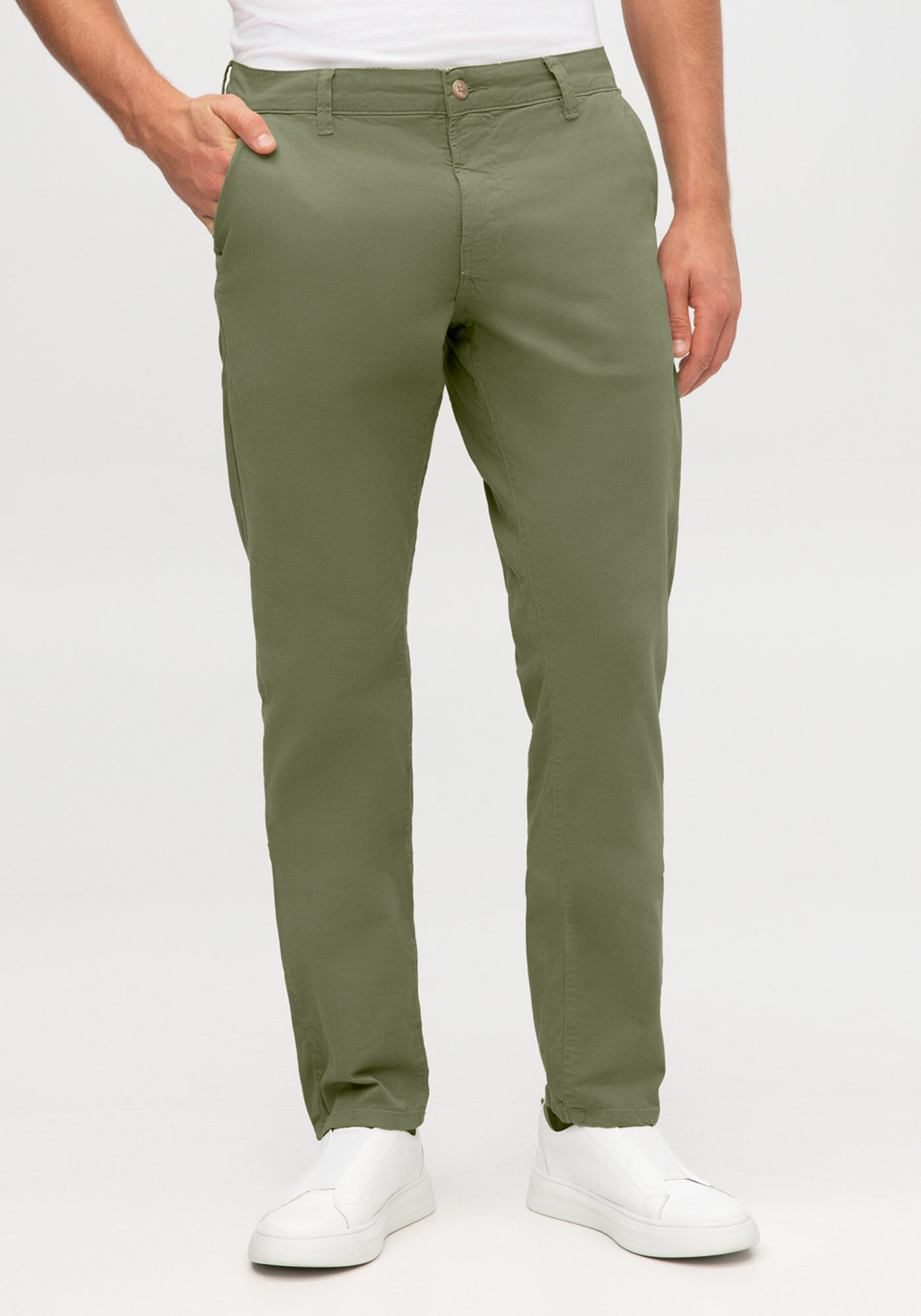 Cal&ccedil;a Slim Turbofan Em Sarja Com Elastano, VERDE CORAL, large.