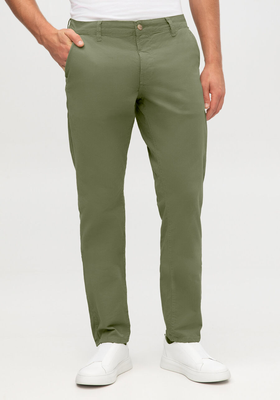 Calça Slim Turbofan Em Sarja Com Elastano, VERDE CORAL. Calça Slim Turbofan Em Sarja Com Elastano, VERDE CORAL, large.