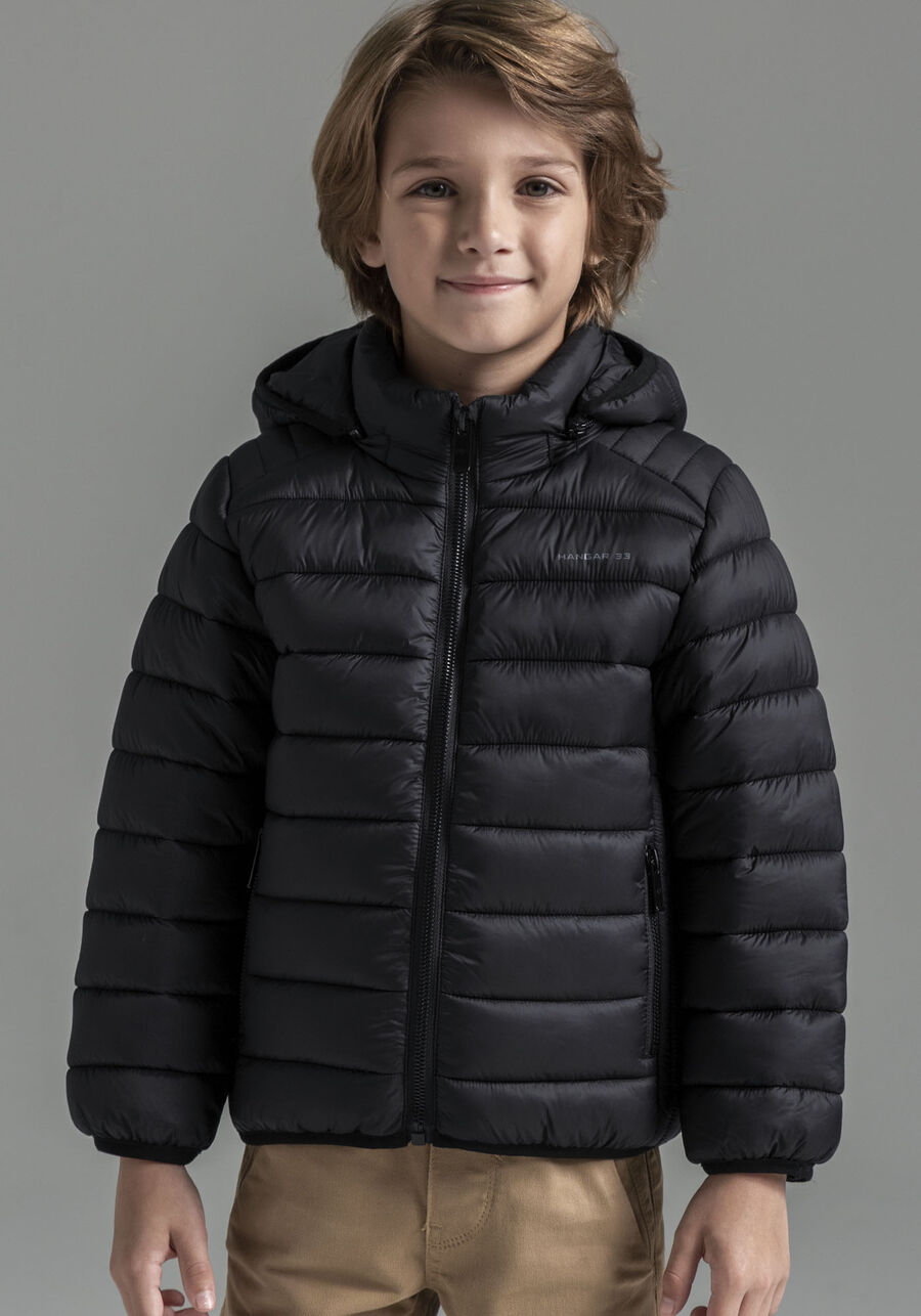 Jaqueta Puffer Infantil com Bolso Zíper, PRETO REATIVO. Jaqueta Puffer Infantil com Bolso Zíper, PRETO REATIVO, large.
