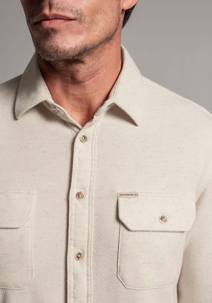 Camisa Masculina Comfort em Malha Lino com Bolsos, BEGE SYSTEM. Camisa Masculina Comfort em Malha Lino com Bolsos, BEGE SYSTEM, large.