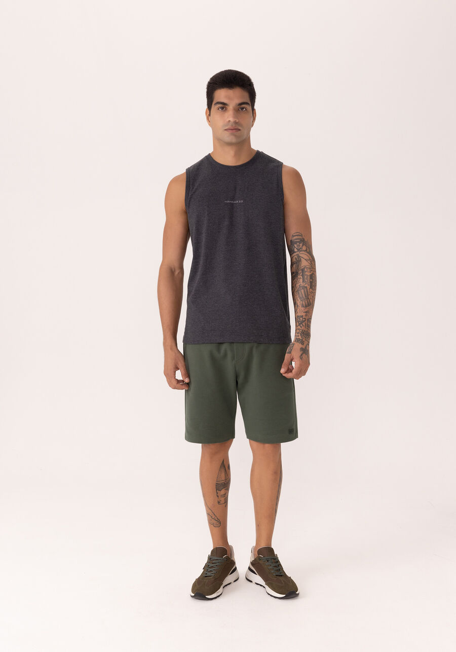 Regata Com Estampa Localizada Em Malha Mesclada, PRETO. Regata Com Estampa Localizada Em Malha Mesclada, PRETO, large.