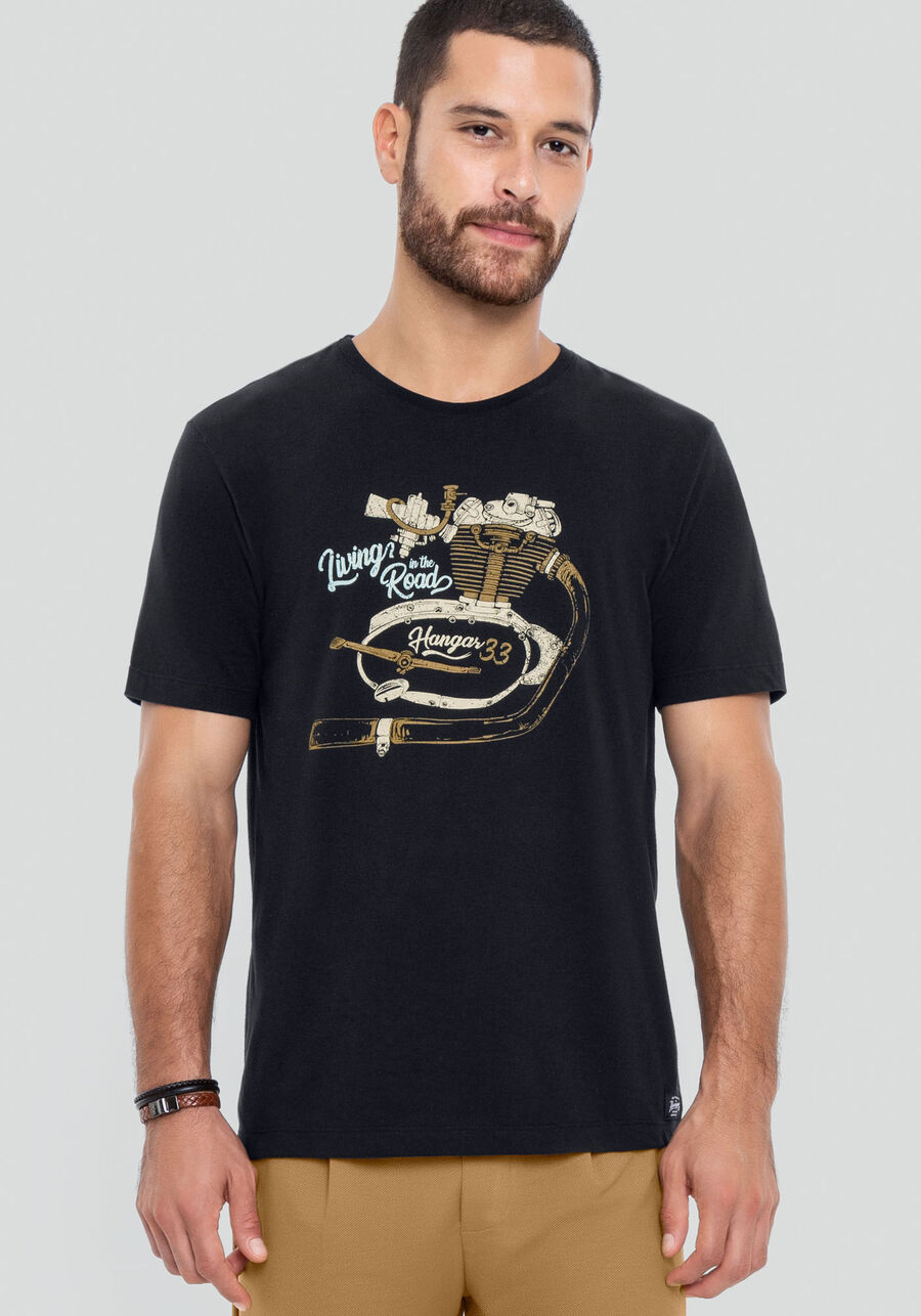 Camiseta Masculina em Meia Malha Estampada, PRETO REATIVO. Camiseta Masculina em Meia Malha Estampada, PRETO REATIVO, large.