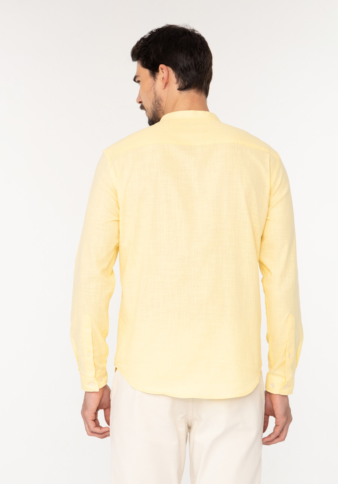 Camisa Bata De Mangas Longas Em Tecido Plano R&uacute;stico, AMARELO ROSITA, large.