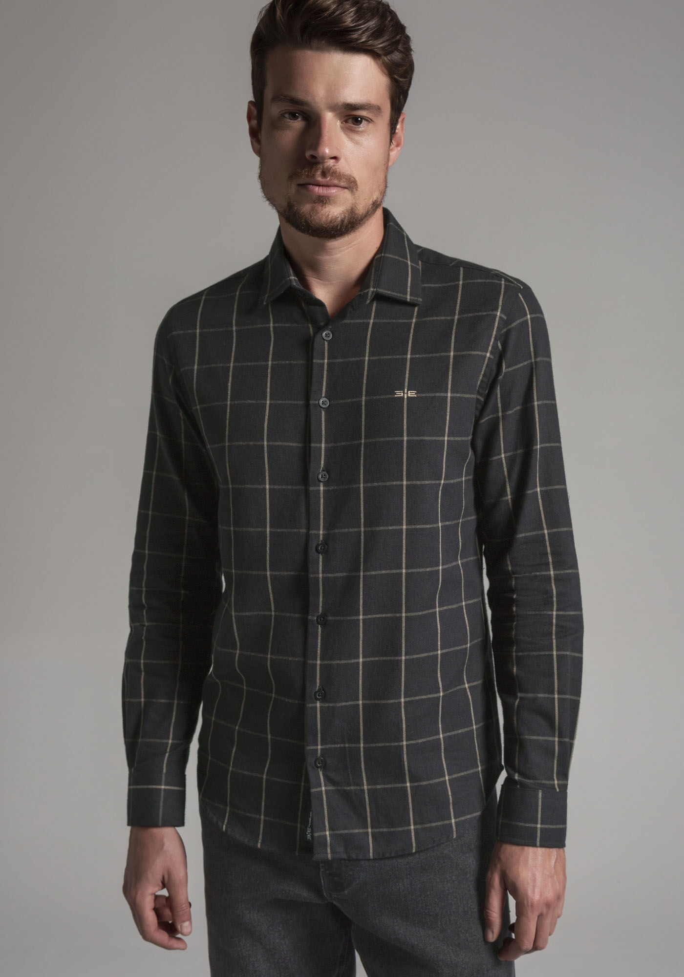 Camisa Masculina Slim Fit em Flanela Xadrez, PRETO REATIVO, large.