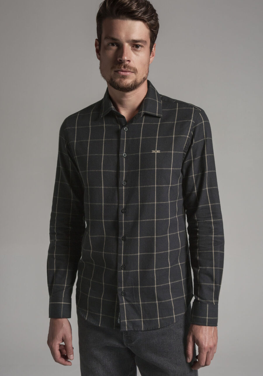 Camisa Masculina Slim Fit em Flanela Xadrez, PRETO REATIVO. Camisa Masculina Slim Fit em Flanela Xadrez, PRETO REATIVO, large.