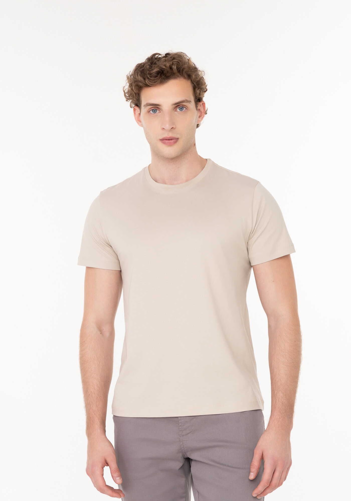 Camiseta De Mangas Curtas Em Malha De Algod&atilde;o Pima, BEGE SYSTEM, large.