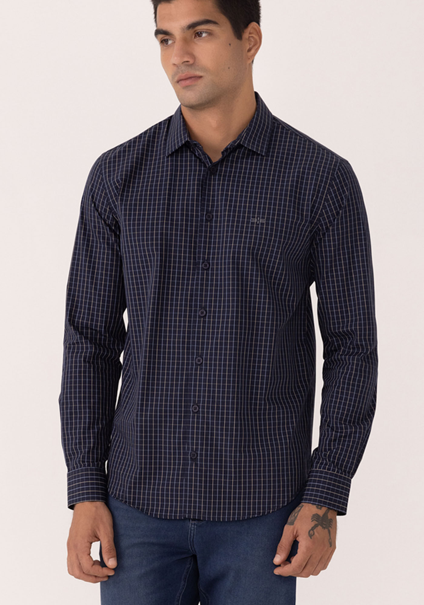 Camisa De Mangas Longas Slim Fit Em Algod&atilde;o Mercerizado, MARINHO ACTION, large.