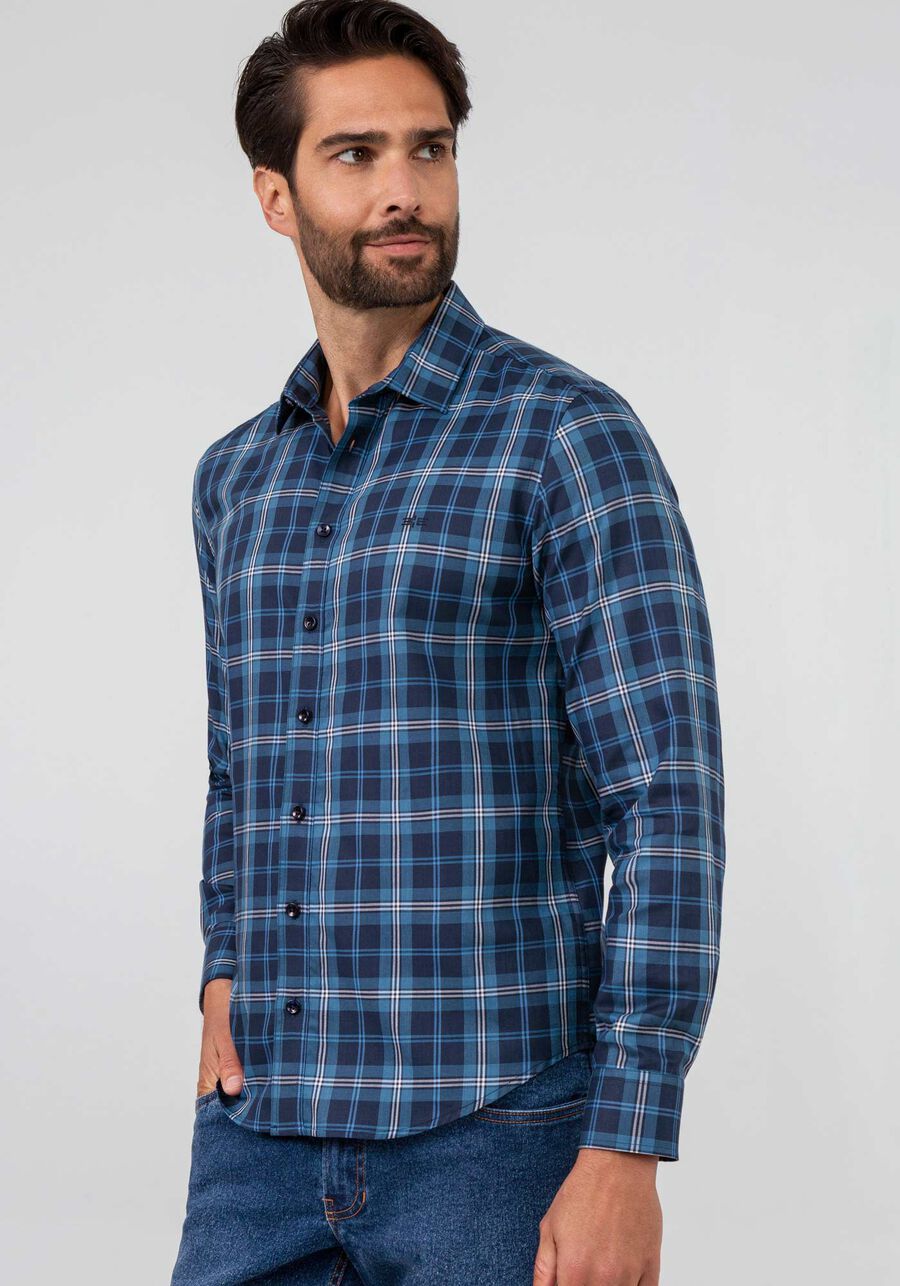 Camisa Masculina Slim Fit em Tecido Sarja Xadrez, MARINHO ACTION. Camisa Masculina Slim Fit em Tecido Sarja Xadrez, MARINHO ACTION, large.